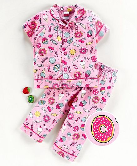Babyhug 100% Cotton Half Sleeves Night Suit Ice Cream Print - Pink
