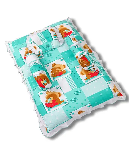 Babyhug Teddy Print Frilled Baby Bedding Set - Green