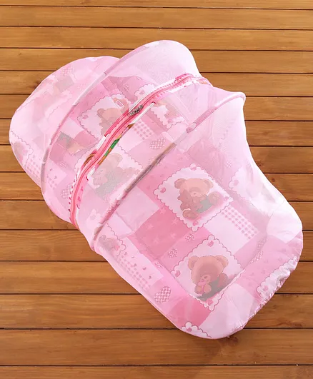 Babyhug Teddy Print Baby Bedding Set With Mosquito Net - Pink