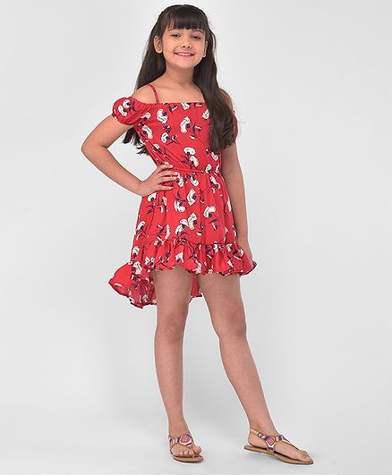 M'andy Half Sleeves Floral Print Cold Shoulder High Low Dress - Red