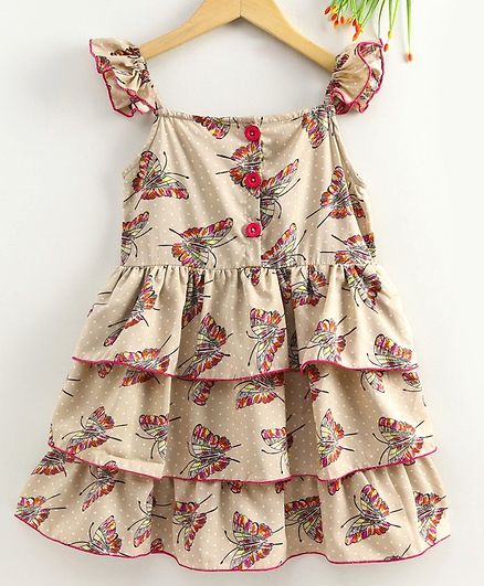 M'andy Butterfly Printed Sleeveless Layered Dress - Beige