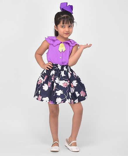 M'andy Bow Attached Sleeveless Top With Printed Skirt - Purple & Blue