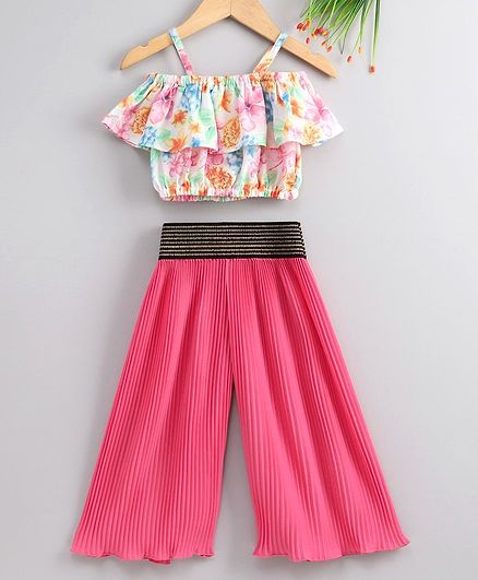 M'andy Half Sleeves Floral Print Cold Shoulder Top With Pleated Pants - Pink