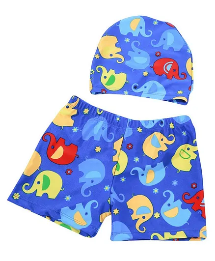 Syga Swimming Trunks & Cap Set Elephant Print - (Color & Design May Vary)