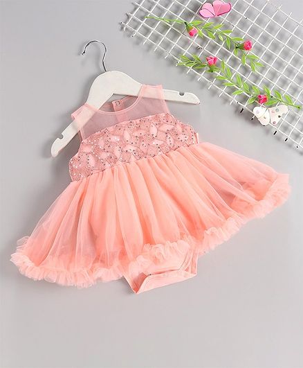 Mark & Mia Sleeveless Frock Style Onesie Embroidered & Embellished - Peach