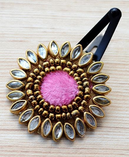 Pretty Ponytails Ethnic Mandala Shaped Kundan Hair Clip - Pink