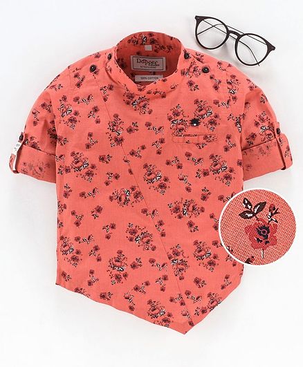 Dapper Dudes Flower Print Full Sleeves Asymmetrical Hem Shirt - Dark Peach