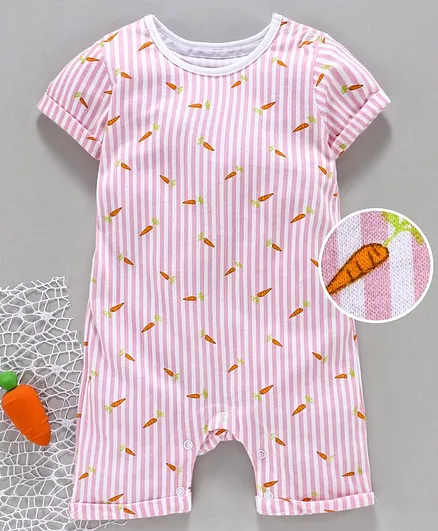 Rikidoos Carrot Printed & Striped Half Sleeves Romper - Light Pink