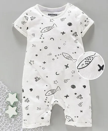 Rikidoos Fishes Printed Half Sleeves Romper - Grey