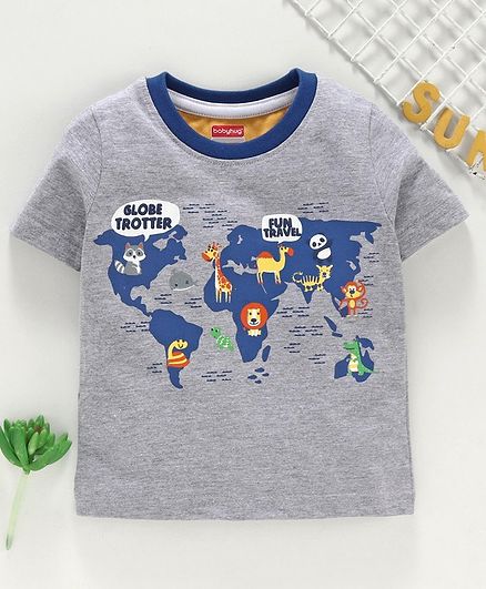 Babyhug Half Sleeves Tee World Map Print - Grey
