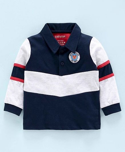 Babyoye Cotton Full Sleeves Striped T-Shirt Handsome Badge - Navy Blue