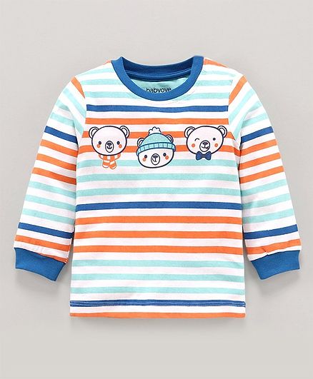 Babyoye Full Sleeves Cotton Striped Tee Bear Print - Blue White