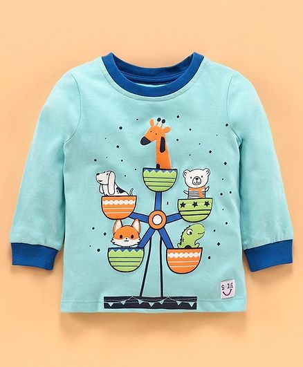 Babyoye Cotton Full Sleeves Tee Animal Print - Teal Blue