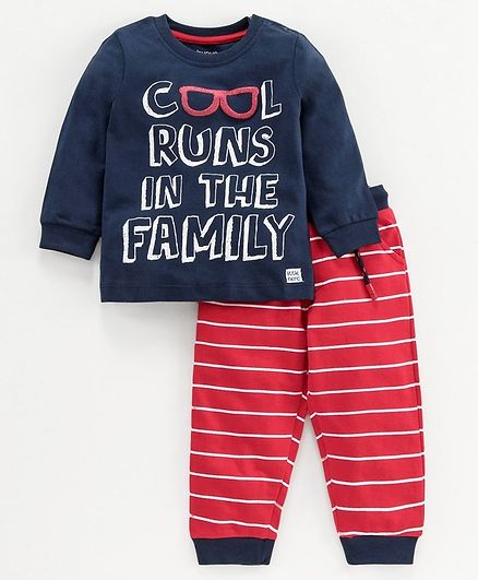 Babyoye Full Sleeves Cotton Tee & Lounge Pant Text Print - Red Navy