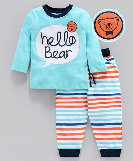 Babyoye Full Sleeves Tee and Bottom Set Text Print - Blue