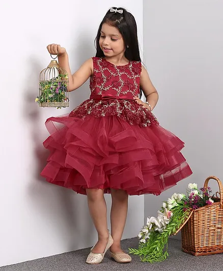Mark & Mia Sleeveless Frock Floral Embroidered - Maroon