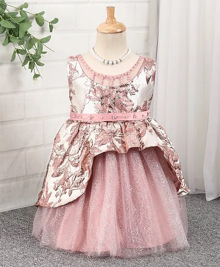 Mark & Mia Sleeveless Embossed Frock Pearl Embellished - Pink