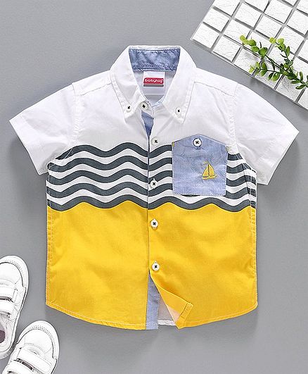 Babyhug Half Sleeves Poplin Shirt Boat Embroidered - Yellow White