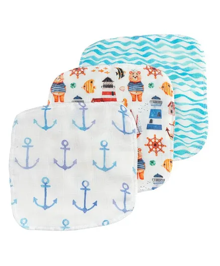 Fancy Fluff Organic Cotton Napkins Nautical Printed Set of 3 - White Blue