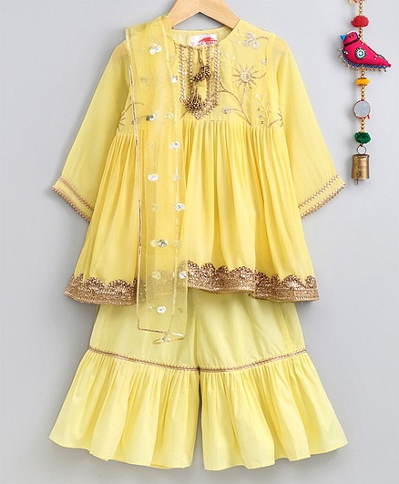 Little Bansi Three Fourth Sleeves Gotta Patti Work Kurta & Sharara With Dupatta - Yellow
