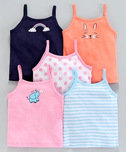 Babyoye Cotton Printed & Striped Singlet Slips Pack of 5 - Pink Blue Orange