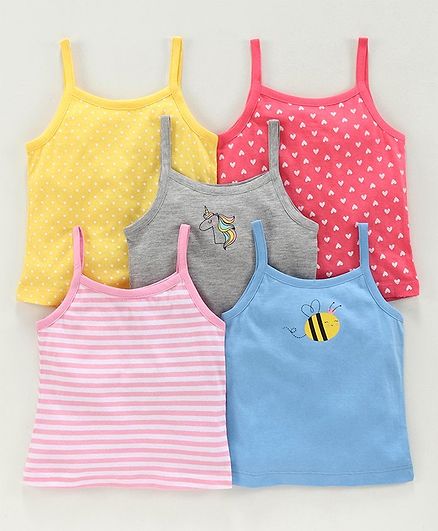 Babyoye Singlet Cotton Camisoles Printed & Striped Pack of 5 - Red Blue Grey -