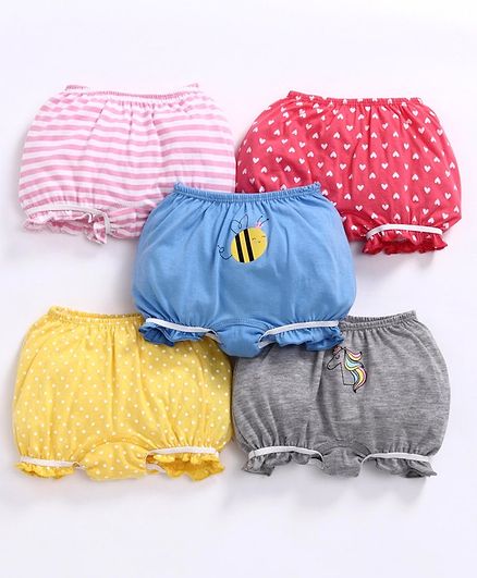 Babyoye Cotton Striped and Printed Bloomers Pack of 5 - Red Pink Blue