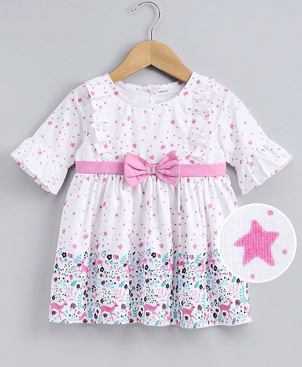 Babyoye Cotton 3/4th Sleeves Frock Star Print - Pink White