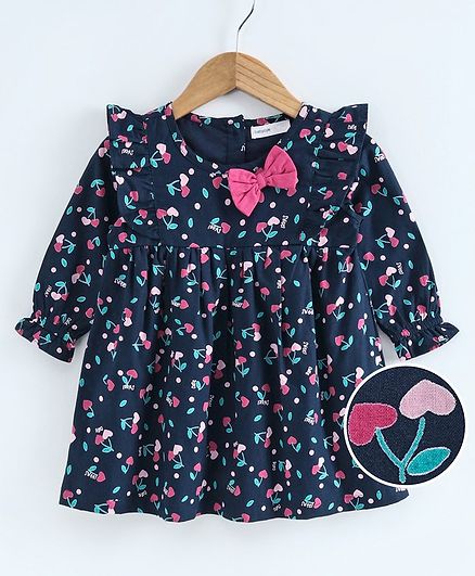 Babyoye Cotton Full Sleeves Frock Bow Applique - Navy Blue
