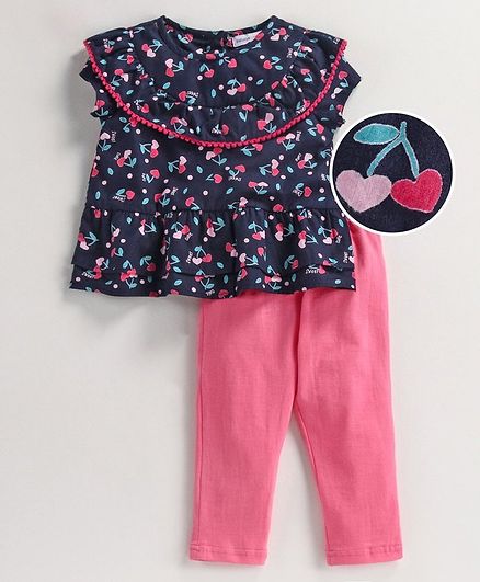 Babyoye Cotton Cap Sleeves Top & Leggings Heart Print - Pink Navy