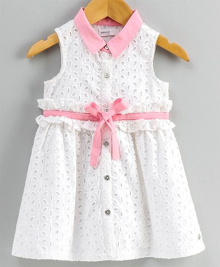 Babyoye Sleeveless Cotton Schiffli Hakoba Shirt Dress - White