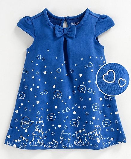 Babyoye Cotton Lycra Cap Sleeves Frock Kitty Print - Blue