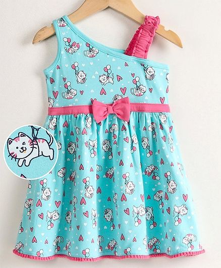 Babyoye Pom Pom Lace Sleeveless Frock Kitty Print - Blue