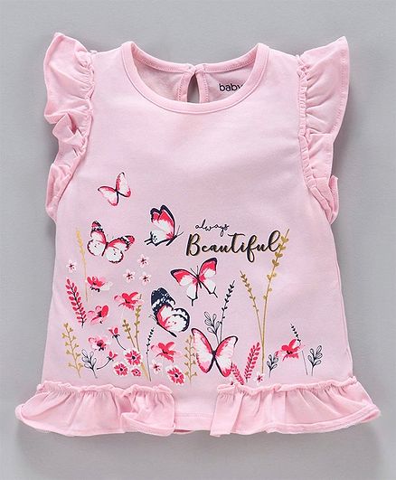 Babyoye Cotton Flutter Sleeves Top Butterfly Print - Pink
