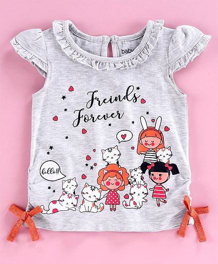 Babyoye Cotton Cap Sleeves Top Friends Forever Print - Grey