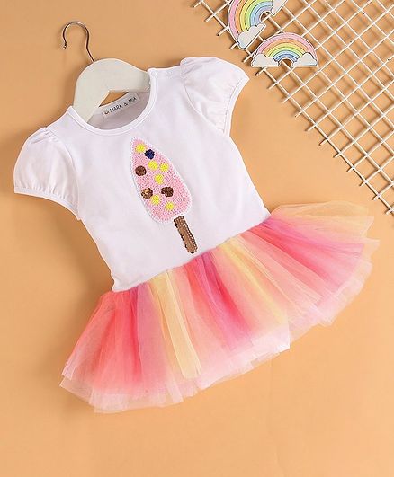 Mark & Mia Short Sleeves Frock Style Onesie Sequin Candy Patch Print - White Pink