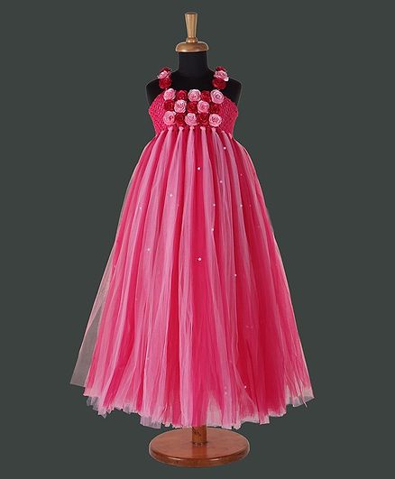 Pink Chick Flower Detailed Sleeveless Fit & Flare Netted Gown - Pink