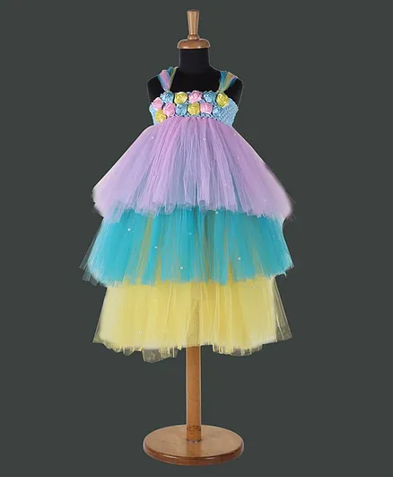 Pink Chick Flower Applique Pearl Detailed Layered Sleeveless Gown - Multicolor