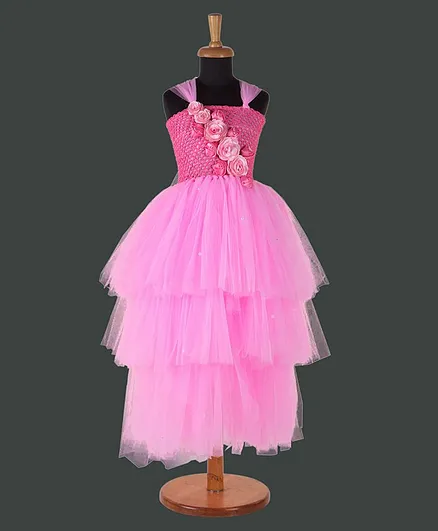 Pink Chick Ribbon Rose Flower Bodice Sleeveless Layered Gown - Pink