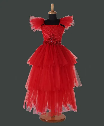 Pink Chick Flower Applique Short Sleeves Layered Net Gown - Red