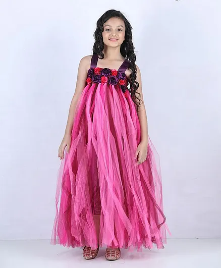 Pink Chick Sleeveless Rosette Yoke Net Flare Gown- Purple
