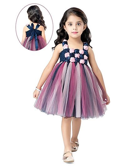 Pink Chick Sleeveless Flower Applique Tulle Flared Dress - Multi Colour