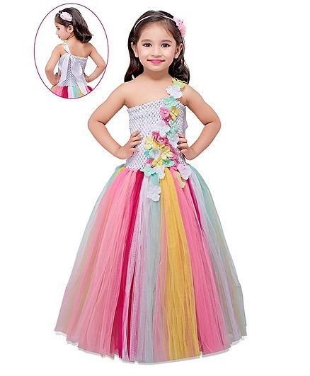 Pink Chick Colourful Flower Applique Tulle Flared Sleeveless Gown - Multi Colour