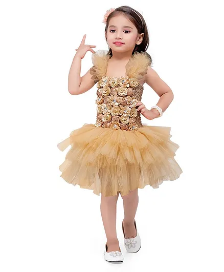 Pink Chick Flower Applique Sleeveless Tulle Flared Layered Dress - Beige