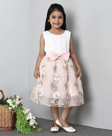 Mark & Mia Sleeveless Party Frock Floral Embellishment - White & Baby Pink