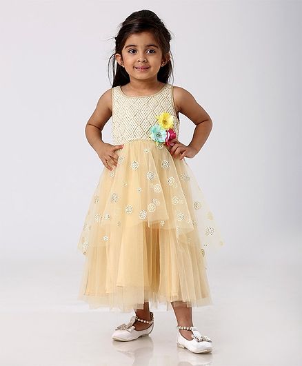 Babyhug Sleeveless Embellished Ethnic Dress Floral Applique - Light Yellow