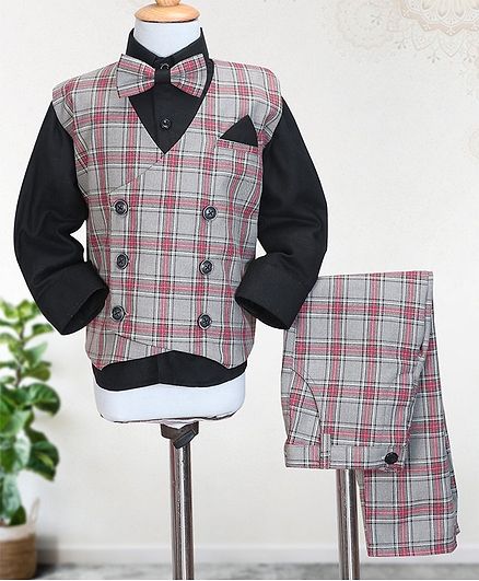 Knotty Kids Full Sleeves Shirt With Bow & Checked Waistcoat With Pants - Grey