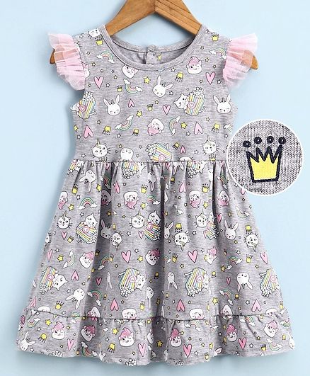 Babyoye Cotton Flutter Sleeves Frock Cat Print - Grey