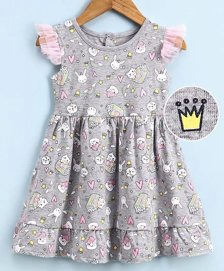 Babyoye Cotton Flutter Sleeves Frock Cat Print - Grey