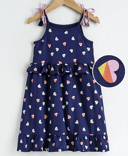 Babyoye Cotton Singlet Frock Heart Print - Navy